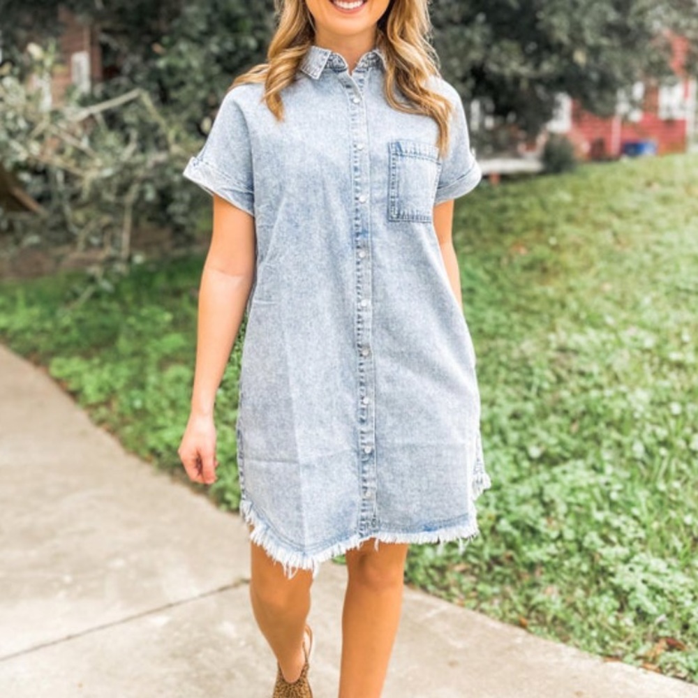 WASHED DENIM BUTTON DOWN DRESS